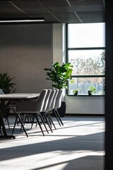 A modern office space with minimalistic decors illuminated by a beam of natural light from a large window, showcasing the details of the furniture and the texture of the walls. 