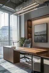 A modern office space with minimalistic decors illuminated by a beam of natural light from a large window, showcasing the details of the furniture and the texture of the walls. 