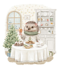 Watercolor vintage composition of room with Christmas party for hedgehog animal in sweater clothes around a table with food. Hand drawn illustration sketch