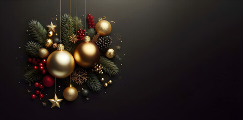 Beautiful Christmas composition on a black background in red and gold color. 