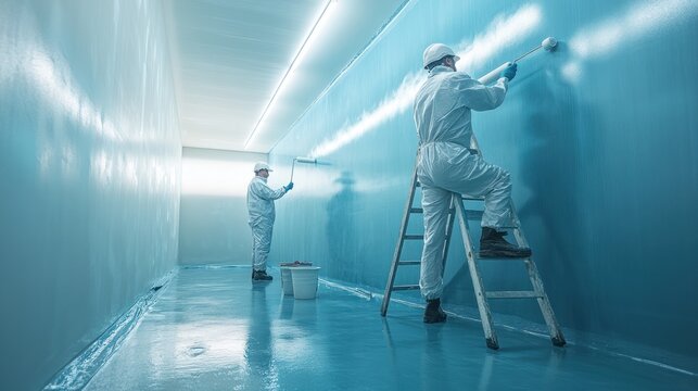 Painters in uniforms apply blue paint on tall wall.