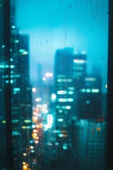 A rainy night in the city, a view from behind an office window with lights reflecting on the glass, blurry skyscrapers outside.