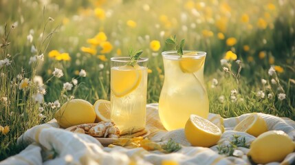 Refreshing lemonade in glasses and pitcher with lemon slices on a picnic in a flower-filled meadow, perfect for a sunny summer day.