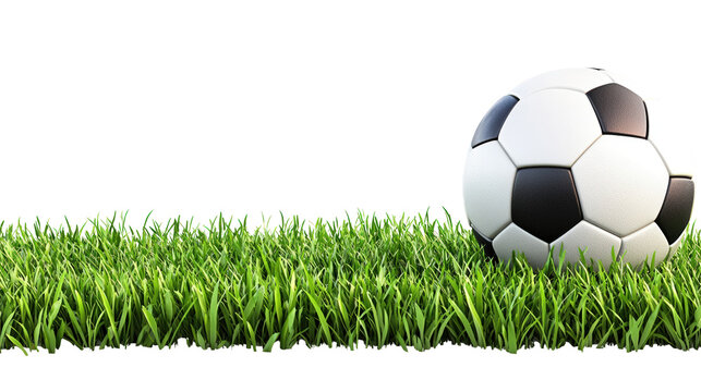 soccer ball resting on vibrant green grass creates lively scene perfect for sports enthusiasts. contrast between ball and grass highlights excitement of game