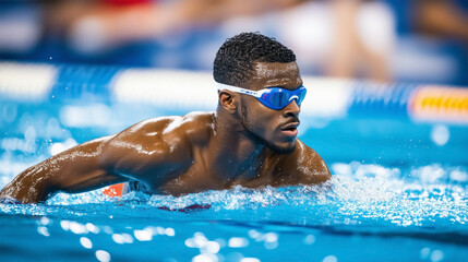 A man in a swimsuit is swimming in a pool