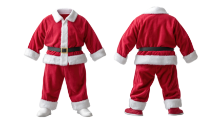 Santa Claus costume featuring red suit with white fur trim, complete with black belt. Perfect for festive celebrations and holiday events