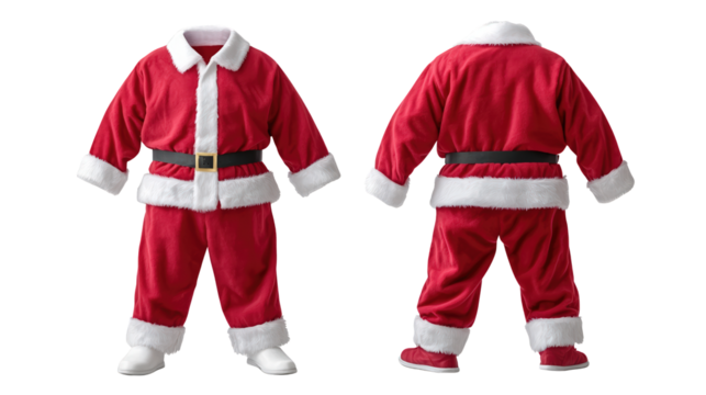 Santa Claus costume featuring red suit with white fur trim, complete with black belt. Perfect for festive celebrations and holiday events
