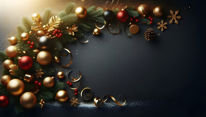 Beautiful Christmas composition on a black background in red and gold color. 