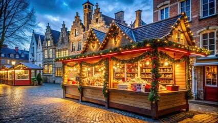 Fototapeta premium Illuminated Christmas fair kiosk in Bruges, Belgium with shining decoration merchandise for festive seasonal celebration