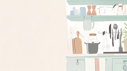 Modern kitchen with wooden shelves, plants, jars, and utensils. Bright
, organized, and cozy with natural light and stylish decor.
