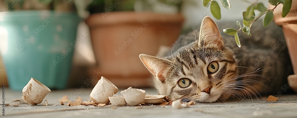 Poster curious cat causing chaos - playful feline topples vase creating a mischievous scene with shattered 