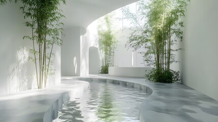 Design an interior space with white walls, green plants, and bamboo.