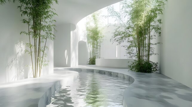 Design an interior space with white walls, green plants, and bamboo.