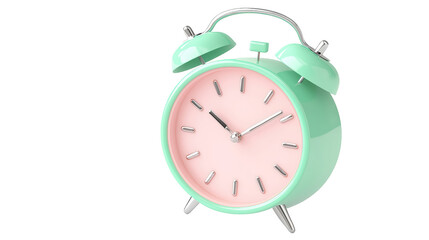 vintage alarm clock with mint green exterior and pink face, showcasing classic design. This charming timepiece adds nostalgic touch to any decor
