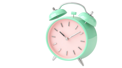 vintage alarm clock with mint green exterior and pink face, showcasing classic design. This charming timepiece adds nostalgic touch to any decor