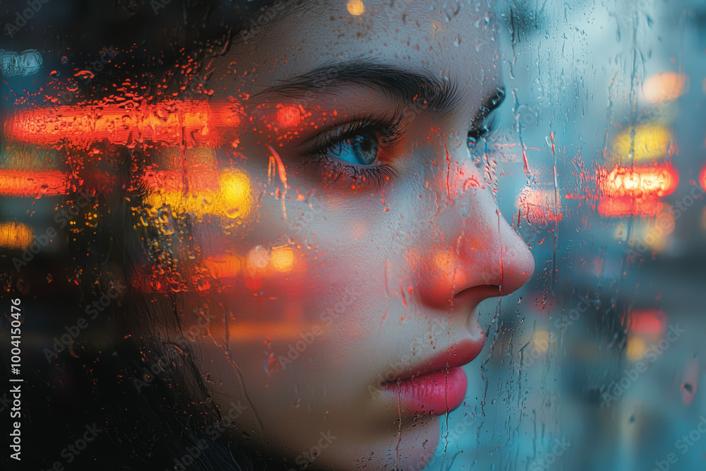 Poster a person in a colorful, busy street scene with their reflection in a shop window showing a face obsc