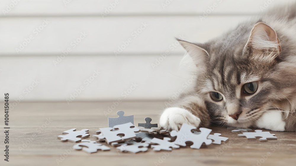 Poster curious cat disrupts puzzle fun - playful chaos as feline overturns box scattering pieces everywhere