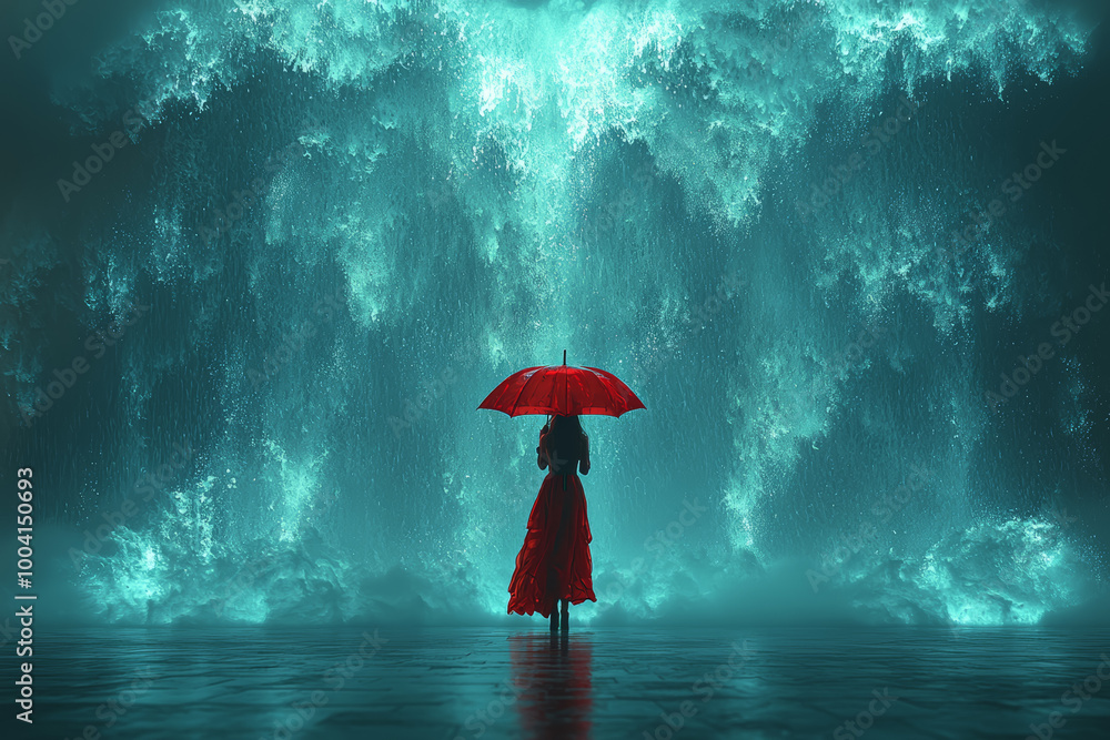 Poster a person holding an umbrella against a storm, while behind them, a wall of rain forms a mirror showi
