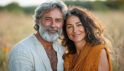 Fototapeta premium Happy mature couple smiling in a field at sunset
