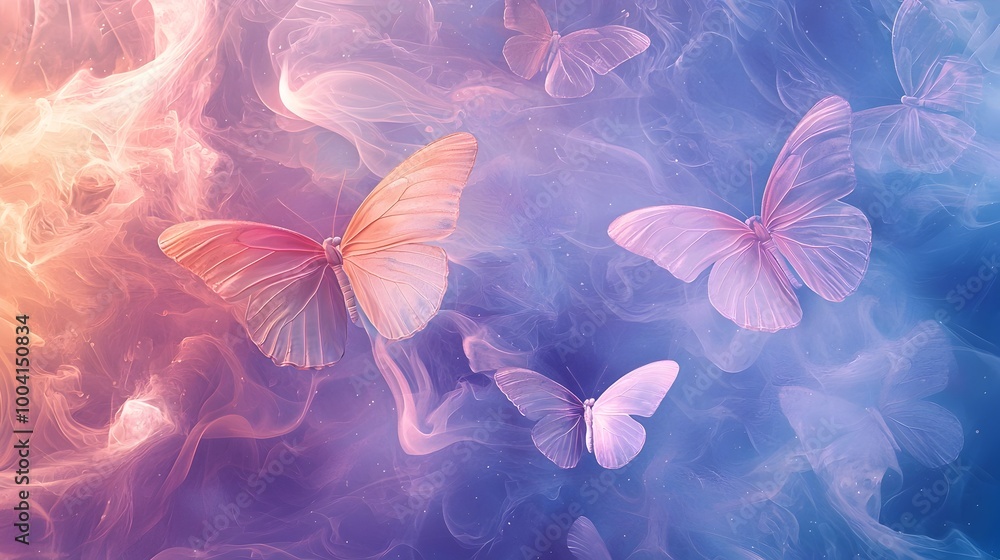 Poster ethereal butterfly swarm floating in surreal colorful abstract light