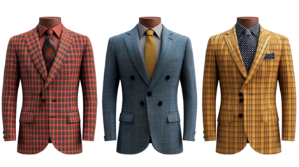 Stylish mens suits in vibrant patterns showcase blend of classic and modern fashion. collection features plaid and check designs, perfect for formal occasions