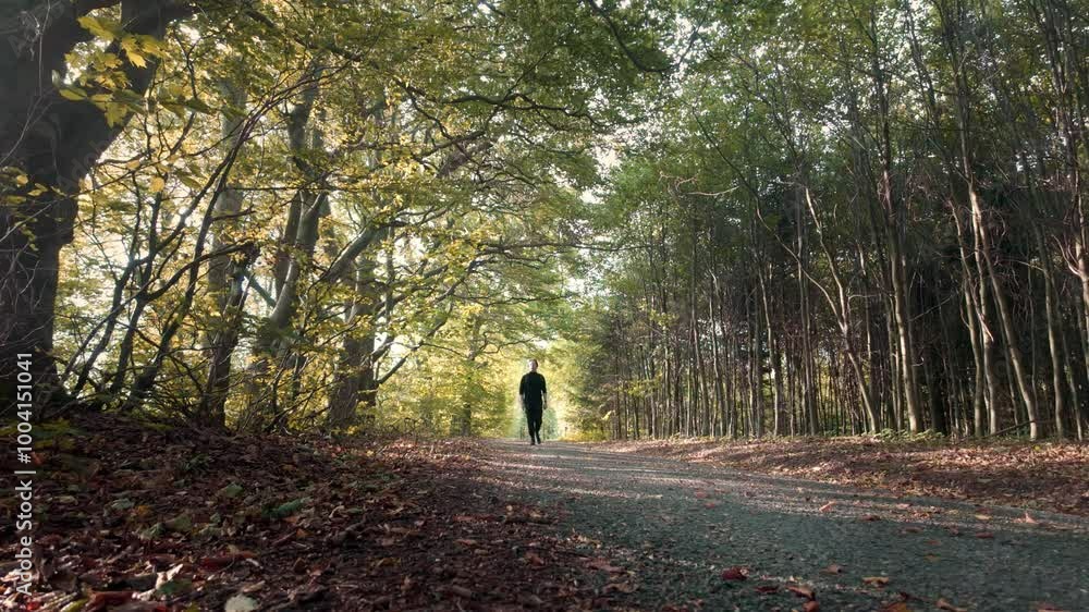 Poster man walking down a tree-lined path in autumn, with sunlight filtering through the leaves, creating a