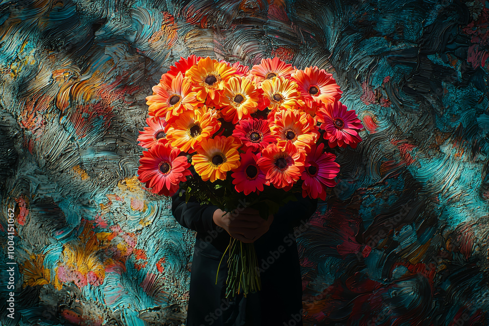 Sticker A person holding a bouquet of flowers with vibrant colors, while their shadow on the ground is covered in dark, swirling patterns, symbolizing the hidden pain behind a facade.