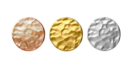 Textured coins in bronze, gold, and silver showcase unique design, reflecting light beautifully. These coins can symbolize wealth, achievement, or collectibles