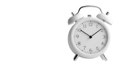 classic white alarm clock with simple design, featuring black hour and minute hands, and clear dial. This timeless piece symbolizes punctuality and organization