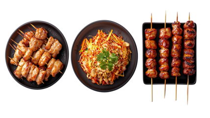 Delicious grilled skewers and fresh salad create vibrant meal. savory flavors of skewers complement crunchy, colorful salad, making it perfect dish for gatherings