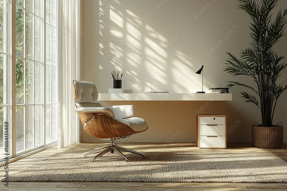 Aufkleber a minimalist workspace with a lone chair and a clean desk, emphasizing simplicity and efficiency in 