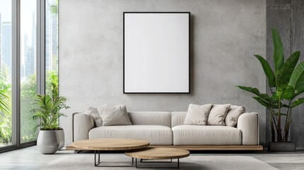 Modern Living Room Mockup with Blank Frame and Cozy Sofa.