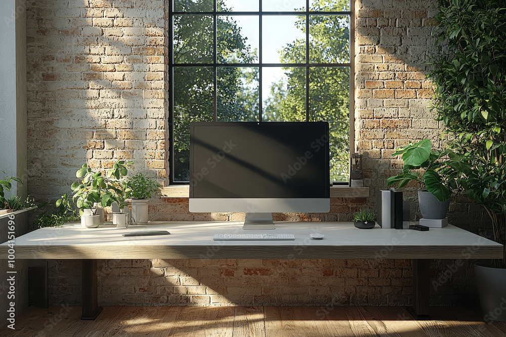 Poster a minimalist desk with just a sleek monitor and a clean, white surface, emphasizing the streamlined 