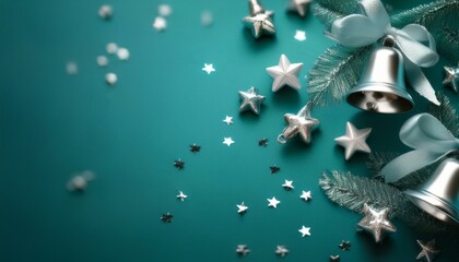 Christmas Background: A soothing teal background with silver bells and twinkling white stars scattered lightly throughout.