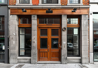 Fototapeta premium front view The door is large with a wooden and black frame.