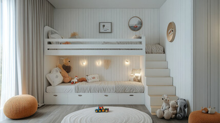 photo of stylish white kids room with toys, scandinavian style, bunk bed, interior design, house, apartment, real estate, furniture, bedding, pillows, daylight