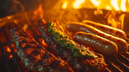 Close-up of a perfectly grilled Argentinian asado with chimichurri sauce, sausage, and steak on a barbecue grill