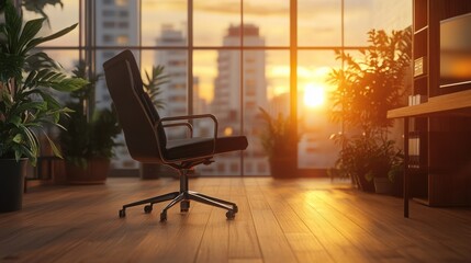 Fototapeta premium A modern office space with a minimalist black chair, wooden floor, and the soft orange glow of the rising sun filtering through large windows