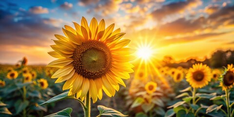 Obraz premium Blooming sunflower in summer with sunset light, golden rays shining on petals