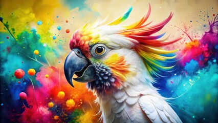 Colorful Splattered Cockatoo Bird in Contemporary Paint Background Stock Image