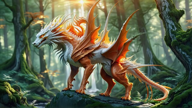 Drag&oacute;n mitol&oacute;gico, imaginario, con alas color naranja en un bosque. 