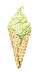 Green pistachio ice cream in waffle cone isolated on white background. Watercolor hand drawn illustration