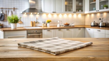 Fabric cloth on wooden table top with blur kitchen counter room background for home decor interior design and cozy atmosphere in dining room setting