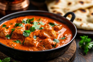 Close-up of Creamy Butter Chicken in a Rich Tomato Sauce Garnished with Fresh Cilantro