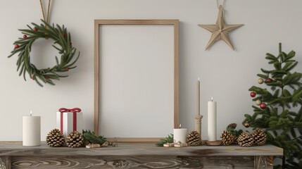 Wooden frame mockup with hanging pine branch, pinecone, star and candles