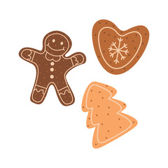 Christmas gingerbread set with flat design. Sign New Year sweet gingerbread man,Christmas tree,heart.