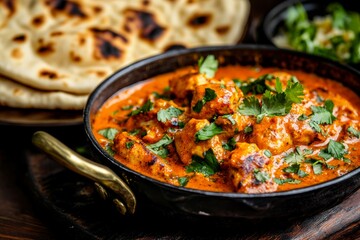Close-up of Creamy Butter Chicken in a Rich Tomato Sauce Garnished with Fresh Cilantro