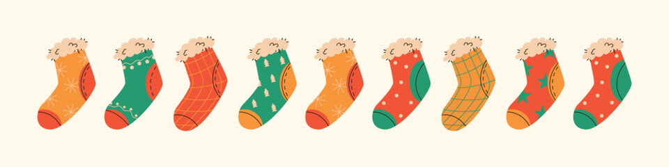 Flat vector illustration of a row of colorful socks. Christmas stockings. Colorful sock for winter holiday.