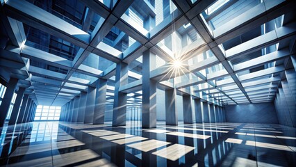 Modern Abstract Architectural Structure with Intersecting Planes and Dramatic Light Beams Casting Shadows in Monochromatic Setting for Creative Projects and Design Inspiration