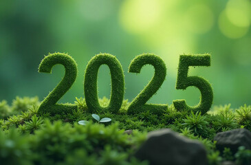 2025 in green with a snake-shaped zero made from plants in nature